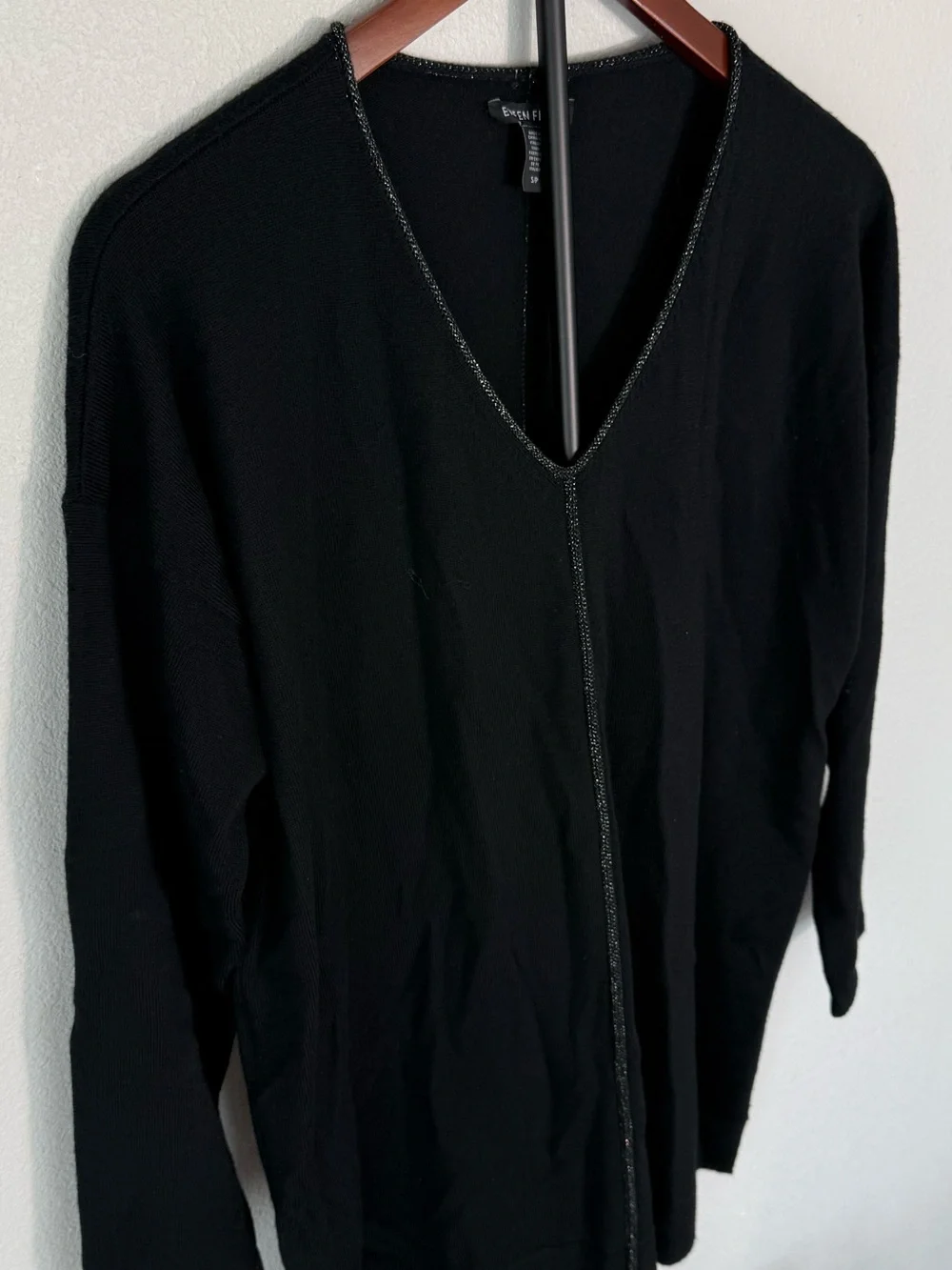 Eileen Fisher Merino Wool Metallic Trim V Neck Sweater Black Women Size S